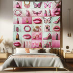 Ambesonne Pink Tapestry Queen Size, Squares of Feminine Fashion Lipstick Butterfly Makeup Glam Kisses Concepts, Wall Hanging Bedspread Bed Cover Wall Decor, 88" X 88", Pale Mint Green