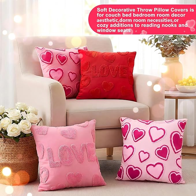 4 Pack Soft Valentines Throw Pillow Covers 18 x 18 Red Heart Square Pillow Covers with Zipper Cute Faux Fur Plush Pillows Cover for Valentines Day Sofa Bedroom Living Room