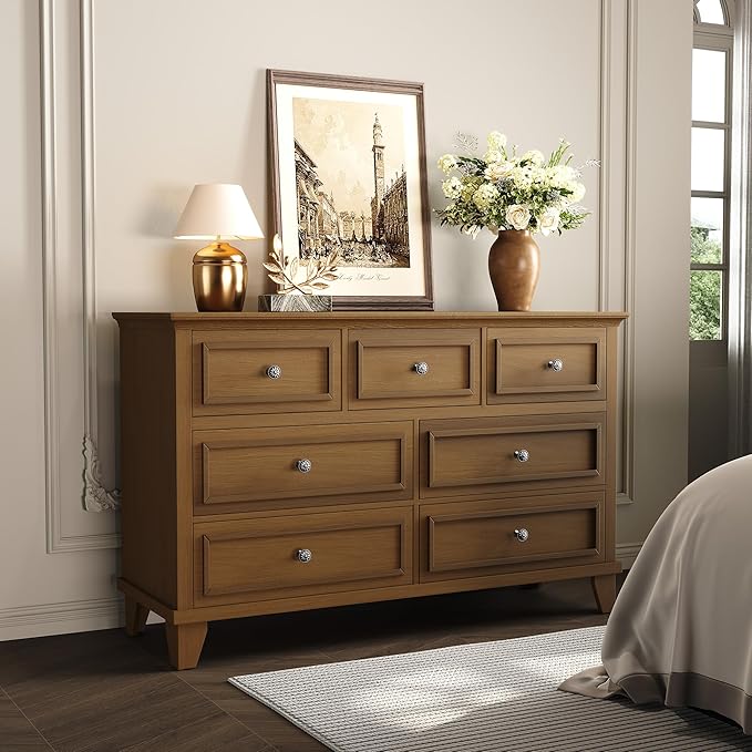 GarveeHome Brown Dresser for Bedroom, 7 Drawer Dresser, Wooden Chest of Drawers with Deep Drawers, 47 in Long Dressers TV Stand, Modern Dressers Organizer with Vintage Handle for Living Room, Hallway