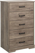 Prepac Rustic Ridge Farmhouse Dresser, Brown Dresser for Bedroom, Chest of Drawers with 5 Drawers 18.5" D x 27.5" W x 43.5" H, DBDR-1605-1