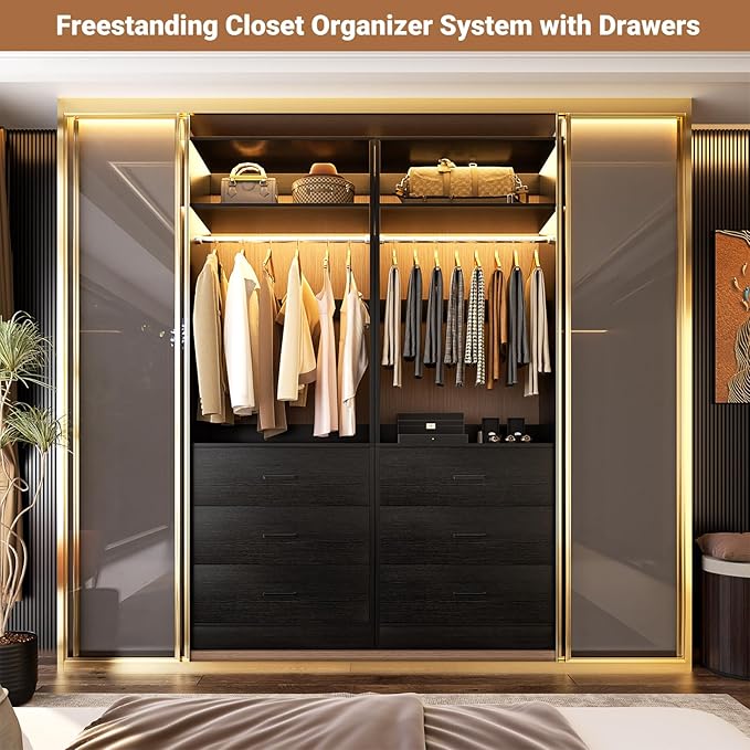 Freestanding 2FT Closet System with 3 Wood Drawers, 24" Closet Organizer System with Hanging Rod & Shelves, Walk-in Closet Systems for Small Closets, Black (24"L x 15" W x 80" H)