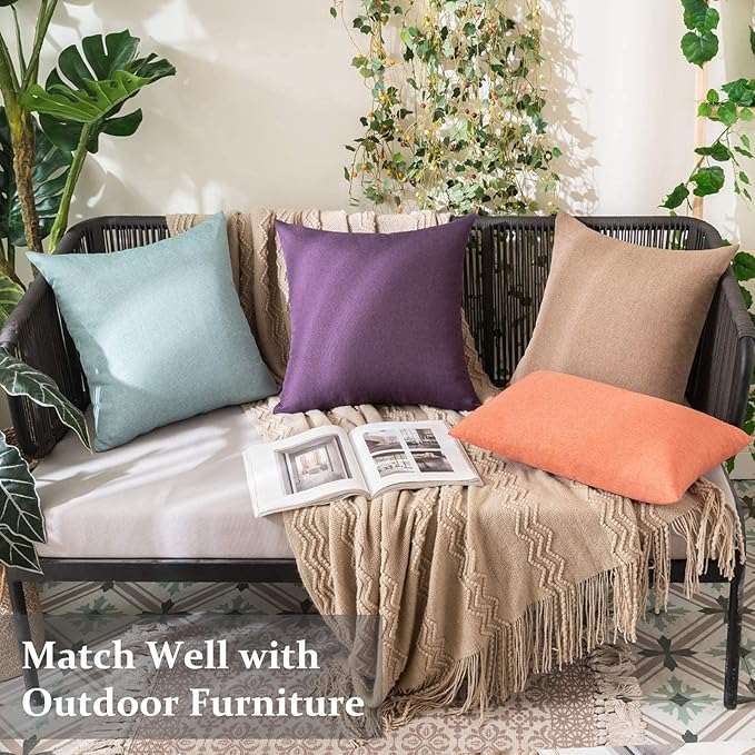 MIULEE Pack of 2 Decorative Outdoor Solid Waterproof Throw Pillow Covers Faux Linen Garden Farmhouse Cushion Cases for Patio Tent Balcony Couch Sofa 20x20 Inch Purple