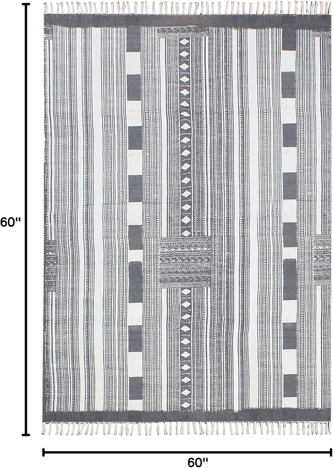 Area Rug 5' Square Rug Gray & Beige Cotton Dhurrie Striped Thick 0.19 inches Stone Easy Washable Rug Hand Wash Cotton Carpet Flatweave Rug Indoor Outdoor Rugs for Kitchen, Bedside, Enterway