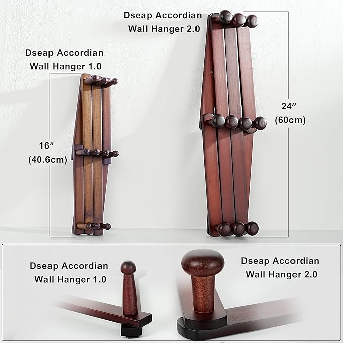 Dseap Expandable Coat Rack (Larger Version) - 24” High, Anti-Slip, Ultra Heavy Duty Wooden Accordian Wall Hanger with 10 Study Peg Hooks for Clothing Hats Jackets Bags, Cherry Red