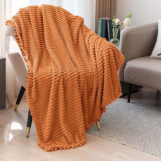 DISSA Fleece Blanket Throw Size – 51x63, Orange – Soft, Plush, Fluffy, Fuzzy, Warm, Cozy – Perfect Throw for Couch, Bed, Sofa - with Pompom Fringe - Flannel Blanket Throw Blanket