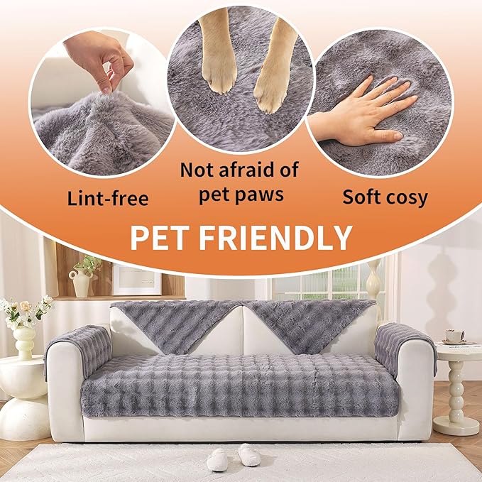 Waterproof Dog Bed Cover Non Slip Couch Cover for Dogs Washable, Dog Couch Cover Protector Faux Fur Pet Couch Covers for Sofa, Couch Covers for 3 Cushion Couch Sofa Pet Friendly (Grey)