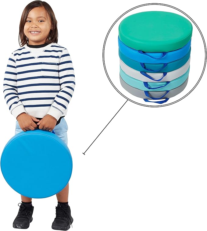 Factory Direct Partners SoftScape 15 inch Round Classroom Floor Cushions with Handles; Flexible Seating for Daycare, Preschool, Playroom; 2 inch Thick Deluxe Foam (6-Piece) - Contemporary, 11232-CT