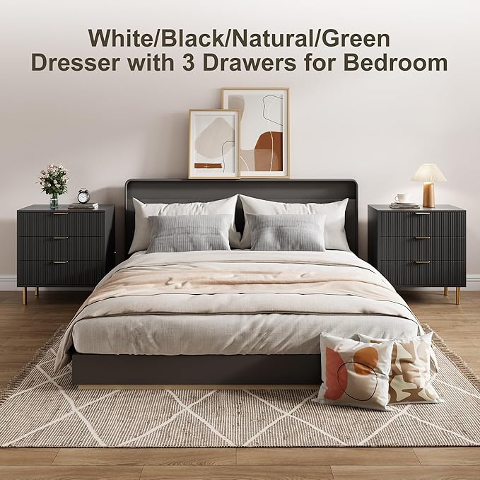 GarveeHome Black Dresser, Modern 3 Drawer Dresser for Bedroom with Gold Handle and Large Drawer, Wood Double Chest of Drawers and Storage Organizer for Living Room, Hallway, Entryway