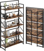 JSB Folding Bookshelf,Industrial Storage Shelves, No Assembly Vintage Wood Look Bookshelf with Storage Shelves for Living Room, Bedroom, Office (Fire Brown, Wide 5-Tier)