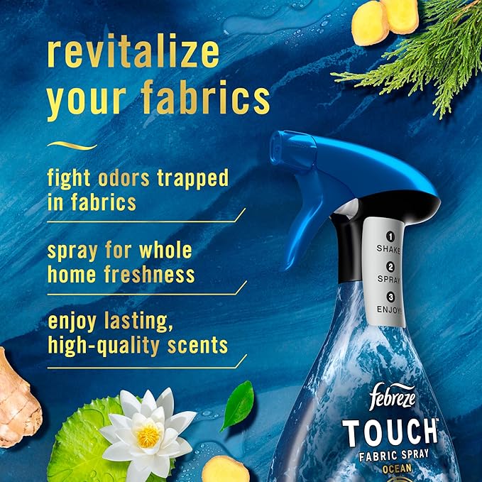 Febreze Touch Fabric Spray, Air Freshener, Odor-Fighting Fabric Refresher, Couch and Linen Spray, Sneaker Balls Alternative, Multi-Use, Ocean and Mountain Scent, 16.9oz, 2ct (1 of each Scent)
