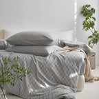 MooMee Striped Duvet Cover Set 100% Washed Cotton Linen Like Textured Breathable Durable Soft Comfy (Light Grey White Wide Stripes, Cal King 104"x98")