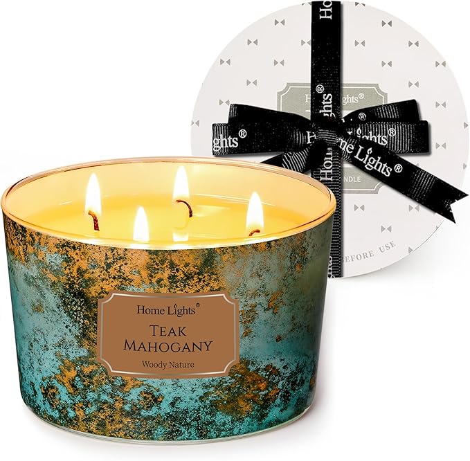 HomeLights Large jar Candle | 4-Wick Long-Lasting Scented Candles, 18oz Natural Soy Wax Candle for Home Scented, Industrial Chic Gifts for Women & Men, Teak Mahogany