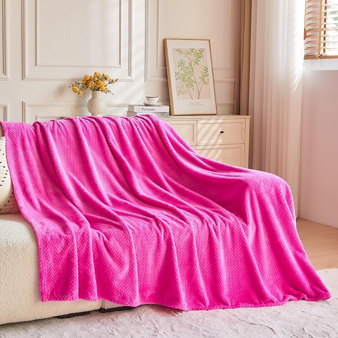 NEWCOSPLAY Super Soft Queen Blanket Hot Pink Premium Silky Flannel Fleece Leaves Pattern Lightweight Bed Blanket All Season Use (Hot Pink, Queen(90"x90"))