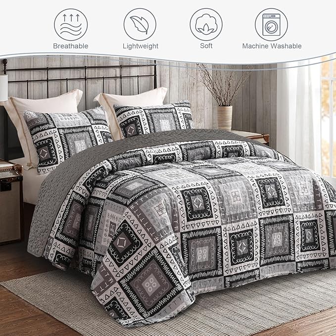 Exclusivo Mezcla Reversible Boho Quilts Twin Size, Black Bedspreads Lightweight Coverlet All Season Patchwork Quilt Bedding Set with Printed Floral Pattern (1 Quilt, 1 Pillow Sham)