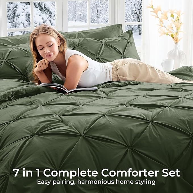 Sasttie King Size Comforter Set, 7-Piece Bed in a Bag, Pintuck Bedding Set for All Season, Includes Comforter, Flat Sheet, Fitted Sheet, Pillowcases and Pillowshams, Dark Green