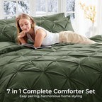 Sasttie King Size Comforter Set, 7-Piece Bed in a Bag, Pintuck Bedding Set for All Season, Includes Comforter, Flat Sheet, Fitted Sheet, Pillowcases and Pillowshams, Dark Green