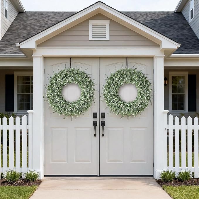 32'' Large Eucalyptus Wreath for Front Door, Porch- Artificial Eucalyptus and Lavender with Babys Breath Flowers Wreath for Home, Farmhouse Wall Decor- Spring, Summer, Fall, All Seasons (White-Green)