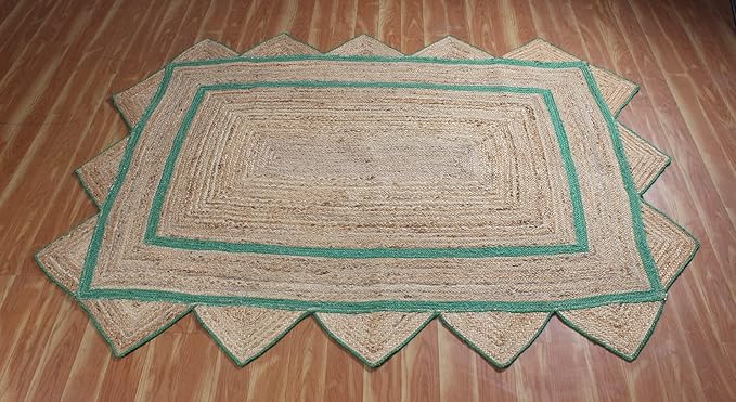 Scalloped Edge Rug, Hand Woven Natural Jute Area Rug, 6x6 Ft Square Beige & Green Braided Kilim Rugs for Living Room, Kitchen, Entryway, Farmhouse