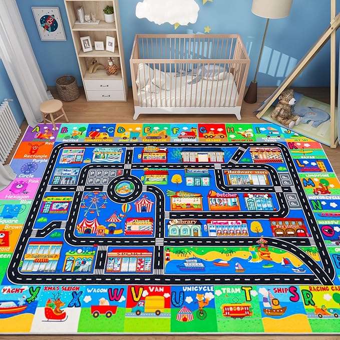 Kids Rugs for Toy Cars Playroom 110"×78.7" ABC Transportation Animals Play Mat Educational Mat Alphabet Area Rug Public Buildings Kids Playtime Collection Toddler Learning Carpet