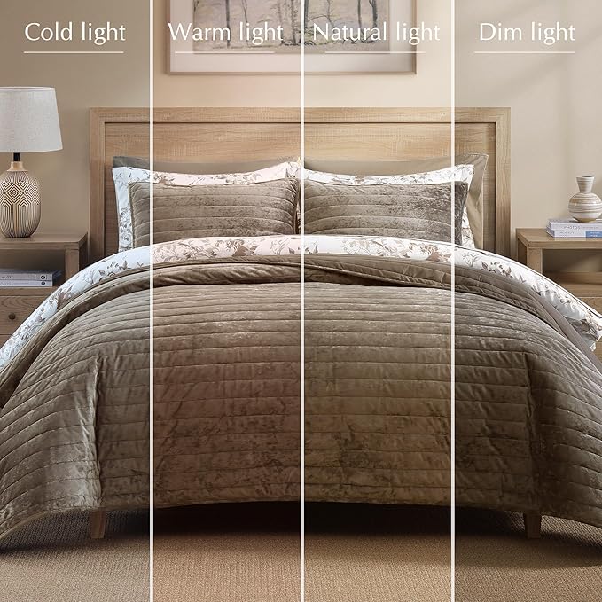 WRENSONGE Velvet Queen Quilt Set-3 Pieces Taupe Oatmeal Luxurious Velvet Striped Channel Comforter with 2 Shams, Soft Bedspread Coverlet Quilted Bedding Set for All Season