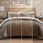 WRENSONGE Velvet Queen Quilt Set-3 Pieces Taupe Oatmeal Luxurious Velvet Striped Channel Comforter with 2 Shams, Soft Bedspread Coverlet Quilted Bedding Set for All Season