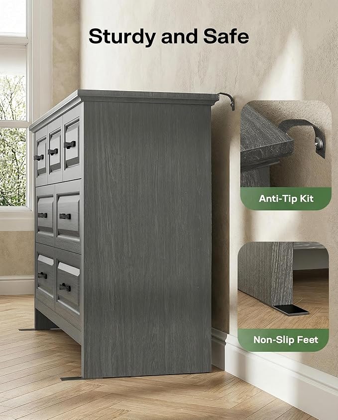 Marsail Farmhouse 7 Drawer Dresser, Wood Chest of Drawers with Natural Texture, Smooth Gliding Drawers, Versatile Storage Organizer Cabinet for Bedroom & Living Room, Grey