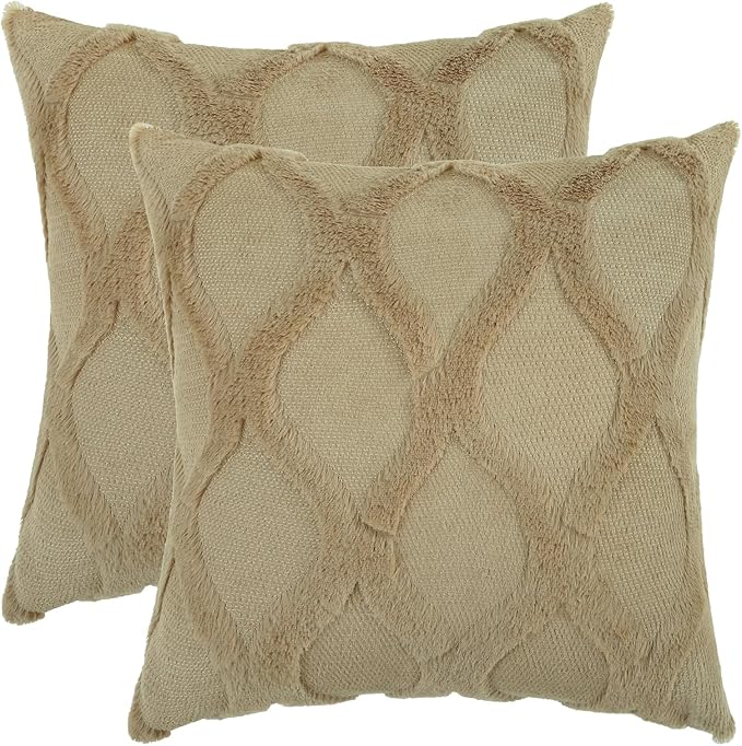 decorUhome Spring Euro Sham Throw Pillow Covers 24x24 Inch Set of 2, Soft Plush Faux Fur Wool Khaki Couch Pillow Covers, Decorative Neutral Pillow Cases for Bed Sofa Living Room Home Decor
