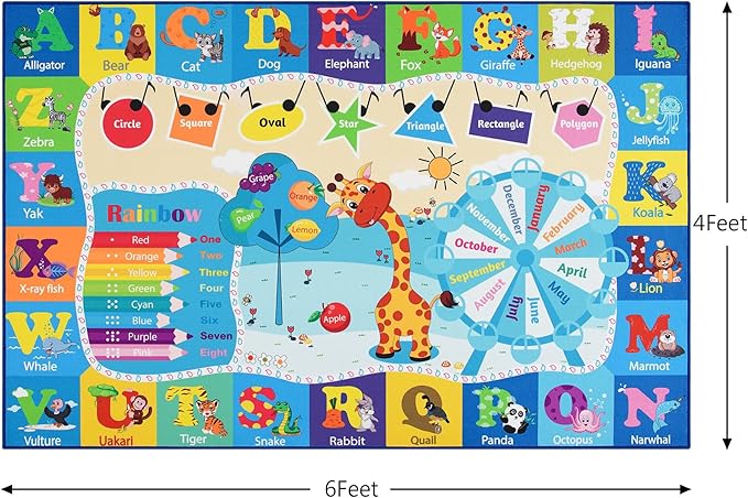 Chicrug Educational Kid Area Rug for Playroom, 4x6 Feet TPR Non Slip Kids Classroom Carpet Rug for Learning ABC Animal, Shape Color Fruit, Washable Play Mat Rug for Children Nursery Toddler Room Decor