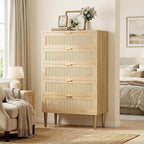 GarveeHome Rattan 5 Drawer Dresser, Modern Chest of Drawers with Gold Legs and Gold Handles, Tall Dresser with Large Tabletop and Anti-Tipping Design for Bedroom Living Room, Natural