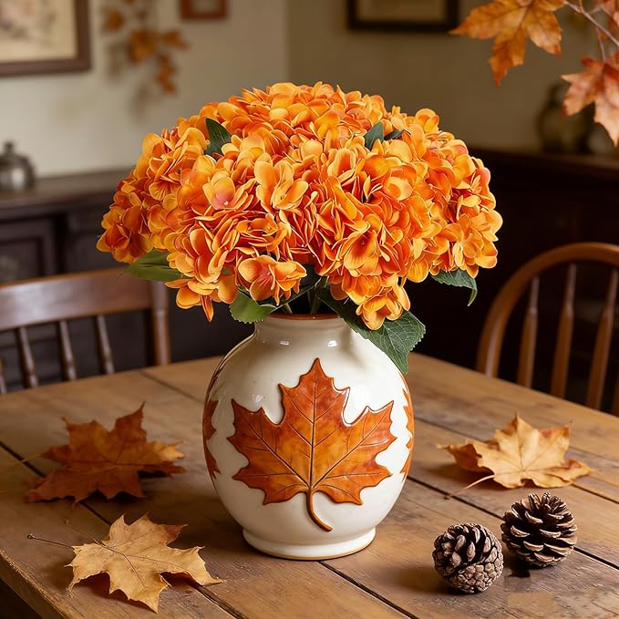 Kimura's Cabin 6pcs Artificial Silk Hydrangea Flowers with Stems Fake Hydrangea Bouquet for Home Table Centerpieces Wedding Party Halloween Decoration (Orange Yellow)