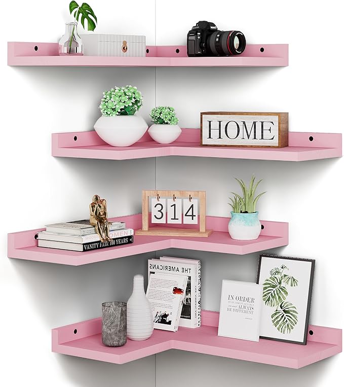 4 Tier Floating Corner Shelves Pink Set of 4, Rustic Pine Wooden Floating Corner Wall Shelf for Wall Décor Storage, L Shaped Corner Shelf Wall Mount for Bedroom, Living Room, Bathroom, Kitchen.