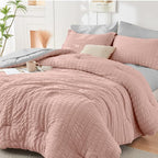 HYMOKEGE Rose Gold/Light Grey California King Comforter Set Seersucker 7 Pieces, All Season Luxury Bed in a Bag for Bedroom, Bedding Set with Comforter, Sheets, Pillowcases & Shams