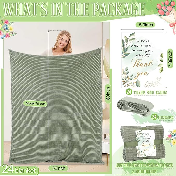 Buryeah 24 Pcs Wedding Flannel Fleece Throw Blanket Bulk with Thank You Card and Ribbon, 50 x 60 in Oeko-TEX Standard 100 Certified Blankets Outdoor Wedding, Guest Party Souvenirs (Sage Green)