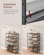 VASAGLE Shoe Rack for Entryway, 6-Tier Shoe Rack Organizer with Storage Shelves and Spacious Top, Freestanding, Adjustable, Industrial, Rustic Brown and Ink Black ULBS044KD01