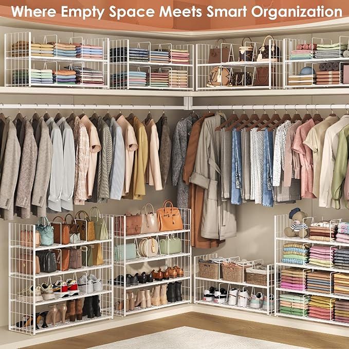 Stackable Closet Storage Shelf, Adjustable Divider Clothes Shelves Organizer for Jeans Pant Shirt Sweater Bag Purse Shoe, Clothing Shelving Rack for Bedroom RV Wardrobe Closet System-White