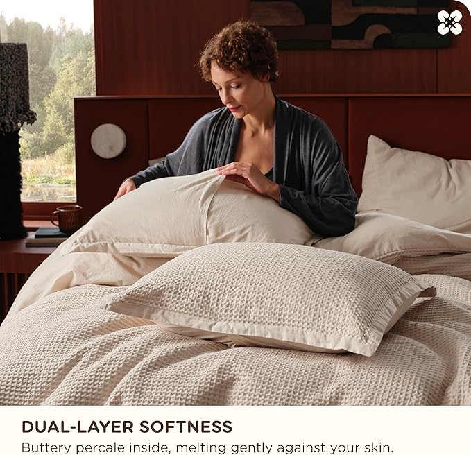 Bedsure Cotton Duvet Cover Full - 100% Cotton Waffle Weave Beige Duvet Cover Set, GentleSoft™ and Breathable Bedding Set for All Season, 3 Pieces, 80"x90"