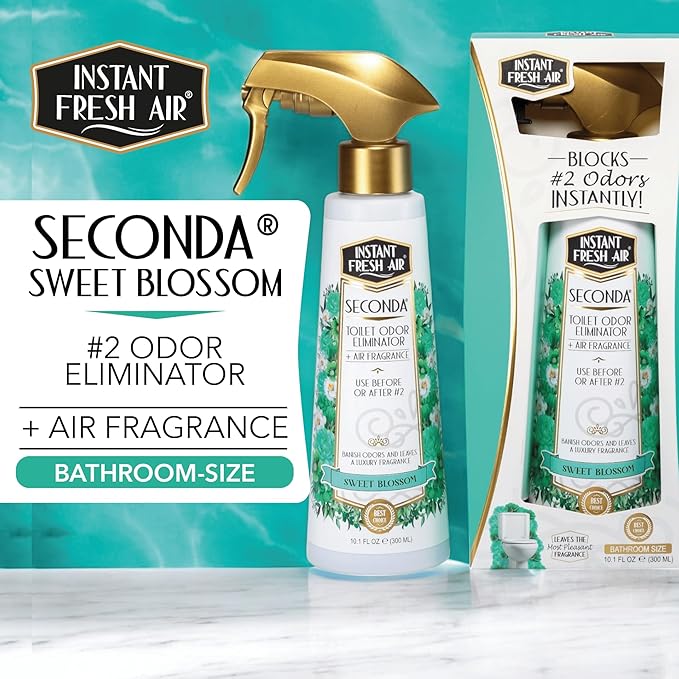 'Seconda' Toilet Spray - Bathroom Air Freshener & Toilet Bowl Odor Eliminator - For Home, Business, School - Bathroom Deodorizer Portable for Travel - Blossom Fragrance - 10.1 fl oz.