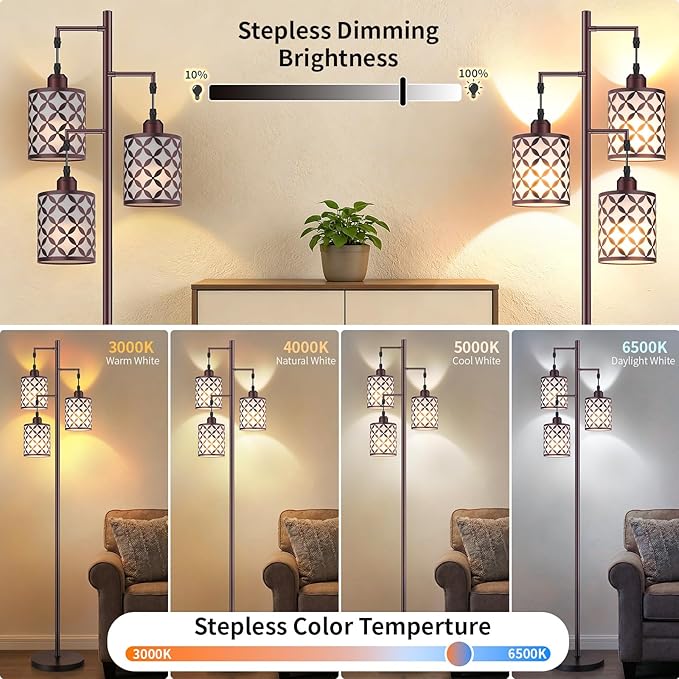 New Upgraded 72" Tall Dimmable Floor Lamp with 3 x 1100LM 12W Bright LED Bulbs, Farmhouse Standing Lamp with Remote Control, Industrial Tree Pole Floor Lamps for Living Room, Bedroom, Office - Brown