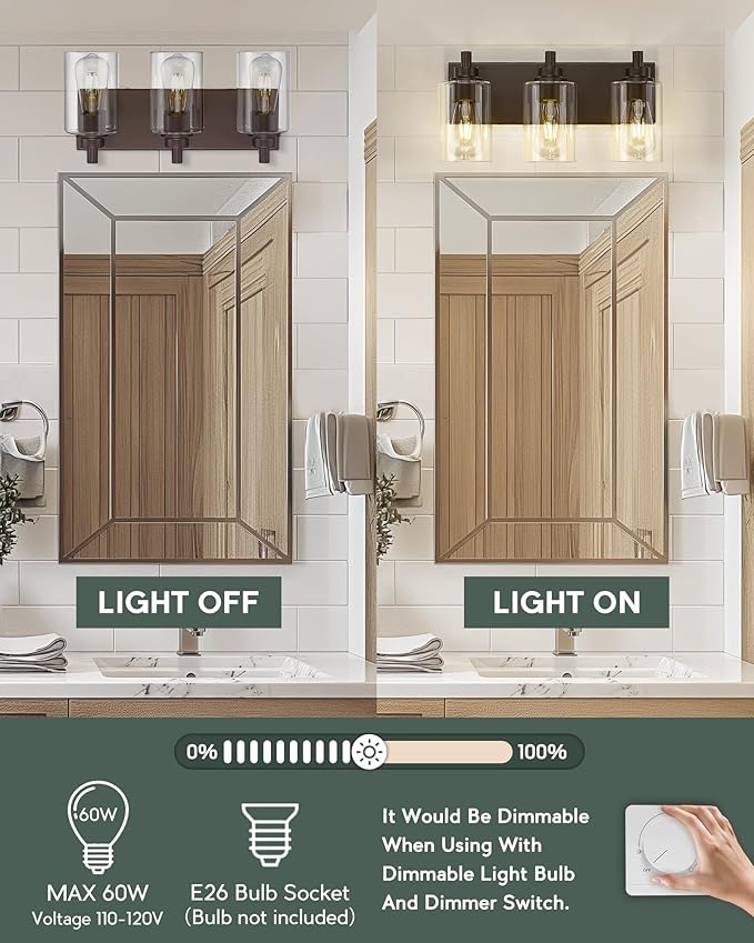 3-Light Bathroom Light Fixtures, Modern Vanity Light with Cylinder Clear Glass Shade, Vanity Lighting Fixtures Over Mirror, Oil Rubbed Bronze, VL143-ORB-3