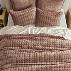 RECYCO Luxury Velvet Quilt King Size Bedding Set, Ultra Soft Velvet Comforter Set, Lightweight Quilted Channel Box Stitch Oversized Bedspread Coverlet for All Season, with 2 Shams, Terracotta Clay