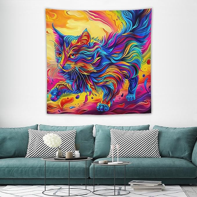 VUMIVI Colorful Cat Tapestry Pet Oil Painting Print Rainbow Colorful Abstract Art Pattern Tapestry Wall Hanging for Living Room Bedroom Dorm Classroom Aesthetic Decor W60xL60in