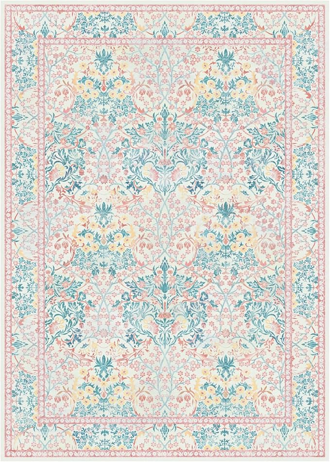 Lessymo Bedroom Rug 5x7 Area Rug for Living Room, Vintage Washable Floral Floor Mat Pink Rugs for Girls, Low Plie Non Skid Indoor Boho Forest Rugs for Nursery Dining Room, Pink Green