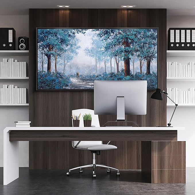 KLAKLA Framed Navy Blue Wall Art - Large Wall Art - Multi-layered Paint Overlay Effect Blue Leaves Plant Forest Picture Artwork Living Room Bedroom Wall Decor