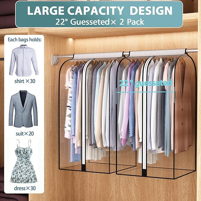 22” Gusseted Garment Bags for Hanging Clothes, All Clear Clothes Cover for Closet Storage, Wardrobe Coat Protector for Suit, Shirt Dress, Bottom Enclosed, 2 Pack, 40” Long