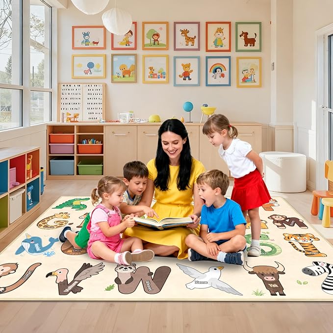 ABC Rugs for Kids Playroom - 4.5x6 Feet Alphabet Rug Kids Play Carpet Preschool Learning Animals, Educational Rug for Children Toddler Bedroom Nursery Kindergarten Decor, Beige