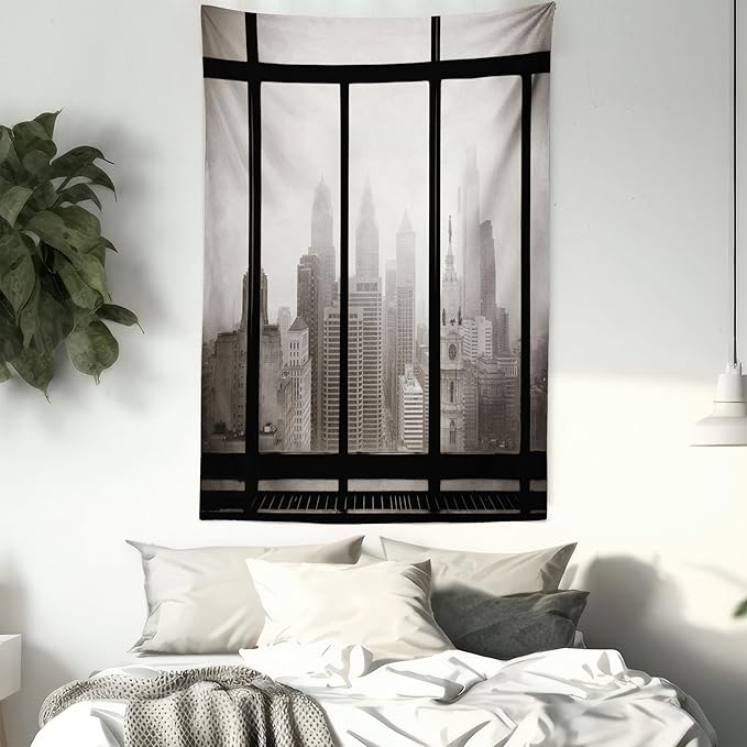 Ambesonne City Tapestry Twin Size, Philadelphia City Rooftop View Through Window Skyline Landmark Rooftop Travel, Wall Hanging Bedspread Bed Cover Wall Decor, 68" X 88", Grey Black
