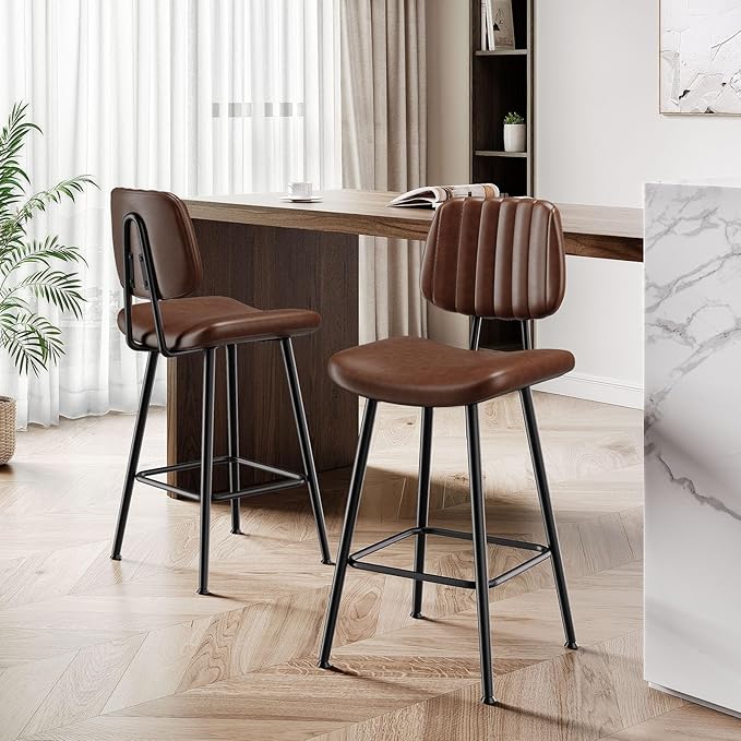 24-Inch Leather Bar Stools Set of 3, Counter Height Barstools with High Backrest，Bar Chairs for Kitchen Island with Heavy Duty Metal Legs, Dark Brown