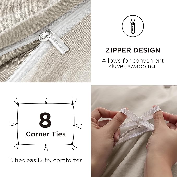 Bedsure Duvet Cover Queen Size with Fitted Sheet - 4 Pieces Prewashed Cotton-Like Extra Soft Bedding Set, Includes 1 Duvet Cover 90x90 Inches with Zipper Closure, 2 Pillow Shams, 1 Fitted Sheet, Linen