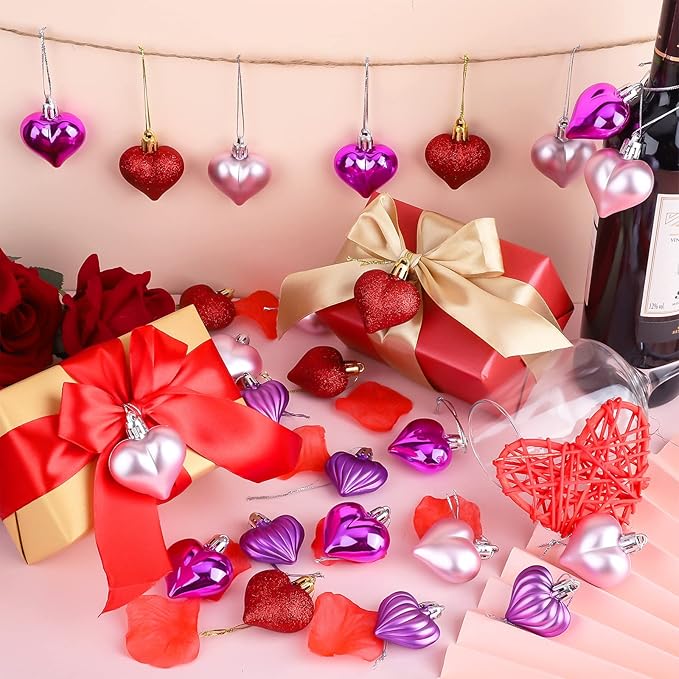 Elcoho 48 Pieces Valentine's Day Heart Shaped Baubles Hanging Heart Ornaments Valentines Tree Decorations for Valentines Day Ornaments Party Wedding Anniversary Decor, Red, Hot Pink, Pink, Purple