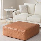 POLY & BARK Taos Ottoman – 37" Square Pouf with Feather-Down Topper – Full-Grain Leather Upholstered Pouf Ottoman for Living Room – Vintage Italian Leather in Cognac Tan